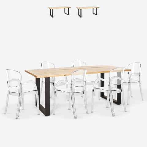 Set tavolo 200x80cm gambe in ferro 6 sedie trasparenti design Jaipur XL