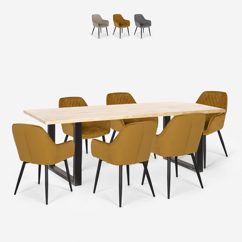 Conjunto de 6 Cadeiras de Veludo com Mesa de 200x80cm de Design Industrial Samsara XL2