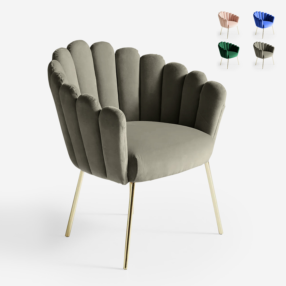Sedia poltrona a conchiglia design moderno velluto gambe dorate Calicis