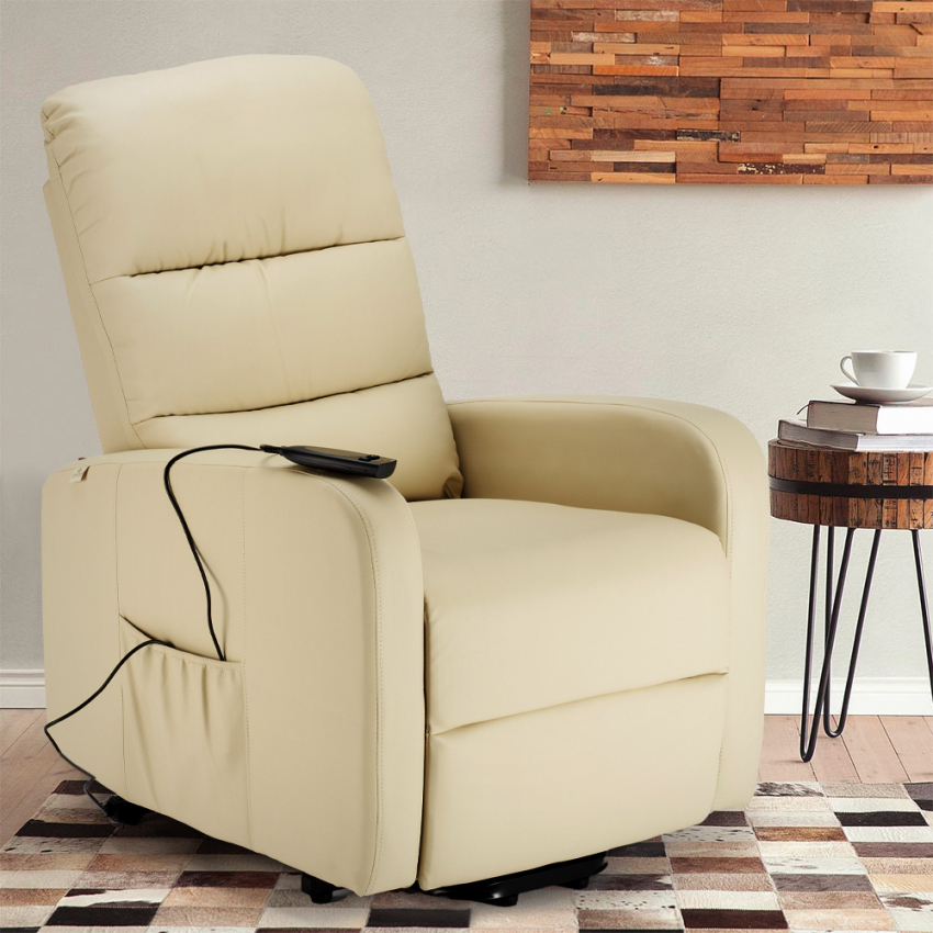 Poltrona relax elettrica reclinabile alzapersona con ruote in similpelle  Elizabeth II Colore: Beige