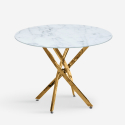 Tavolo rotondo 100cm soggiorno vetro effetto marmo gambe dorate Aurum Vendita