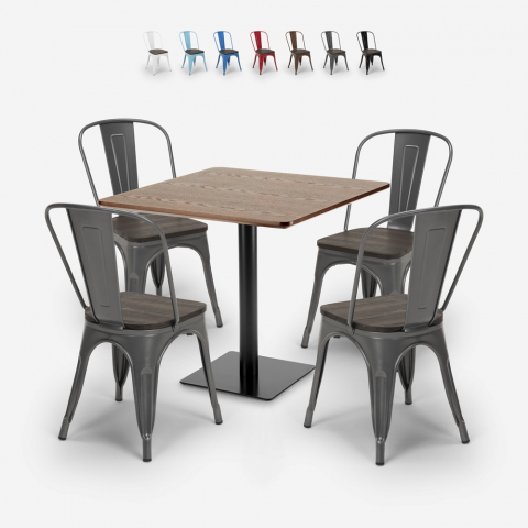 Set tavolino bar legno metallo Horeca 90x90cm bar 4 sedie Tolix Edgar