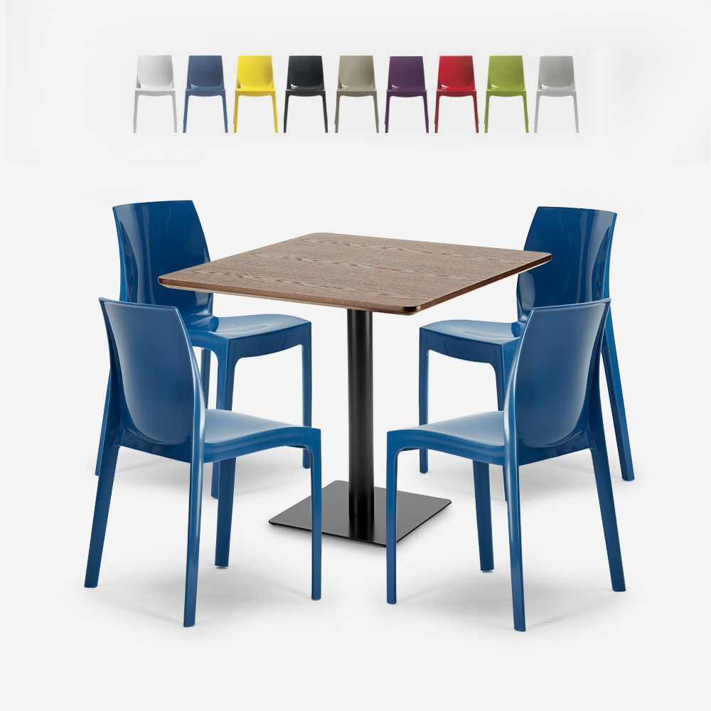 Set tavolino legno metallo Horeca 90x90cm 4 sedie impilabili bar ristorante Yanez