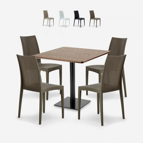 Set tavolino legno 90x90cm Horeca 4 sedie impilabili poly rattan Barrett Promozione