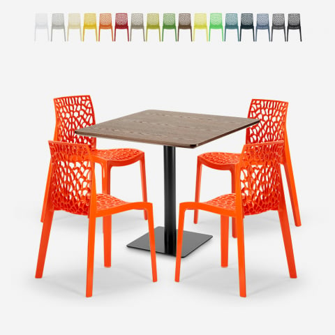 Set tavolino legno metallo Horeca 90x90cm 4 sedie design impilabili Dustin Promozione