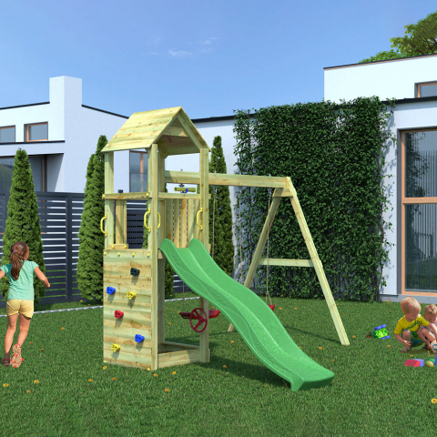 Parco giochi da giardino in legno bambini torretta scivolo altalena doppia Flappi Promozione