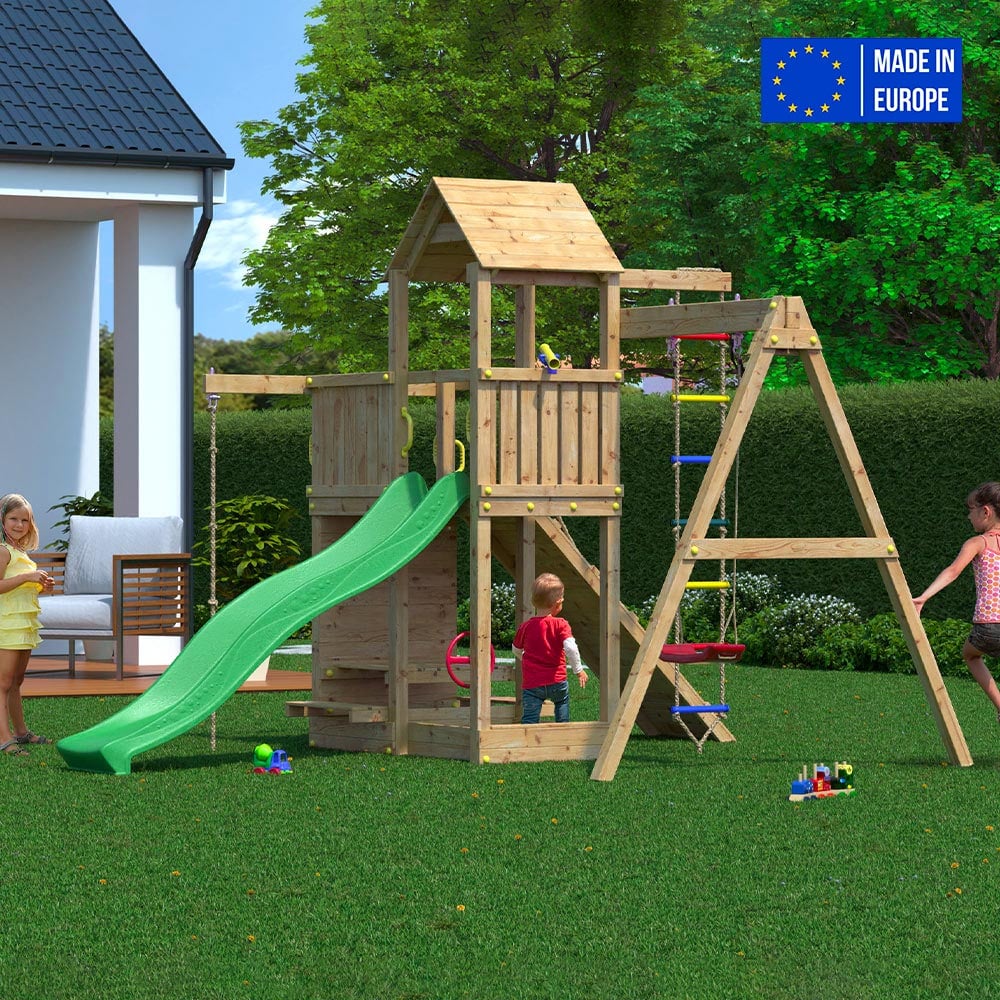 Aire de Jeux de Jardin en Bois Enfants Toboggan Balançoire Escalade Activer