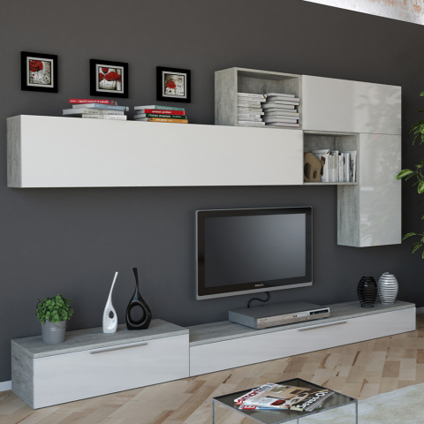 Parete attrezzata per soggiorno design moderno grigio e bianca laccata Beverly Promozione