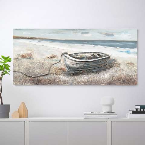 Quadro paesaggio mare natura dipinto a mano su tela 110x50cm Boat Promozione