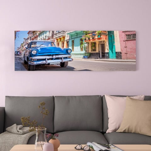 Stampa colori brillanti quadro tela plastificata città automobile 120x40cm Cuba