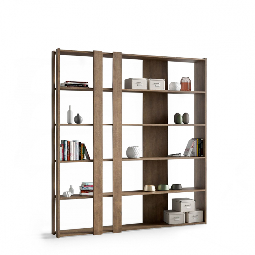 MOBILE LIBRERIA ANGOLARE EASY C/FIANCHI IN METALLO E MENSOLE LEGNO IN 3  FINITURE