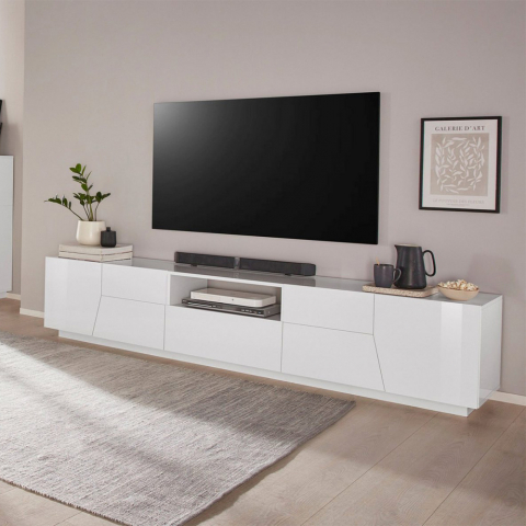 Mobile porta TV parete soggiorno moderno 220x43cm bianco lucido Fergus Promozione