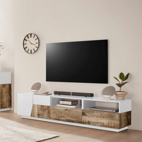 Mobile porta TV 200x43cm parete soggiorno bianco legno moderno Hatt Wood
