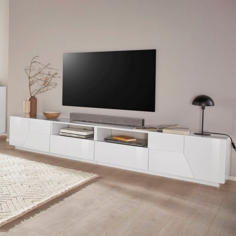 Mobile porta TV moderno 260x43cm parete soggiorno bianco lucido More Promozione