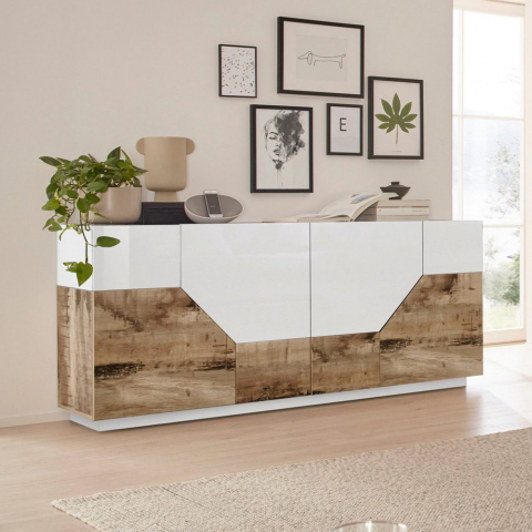 Credenza bianco legno 4 vani 200x43cm mobile soggiorno cucina Hariett Wood Promozione