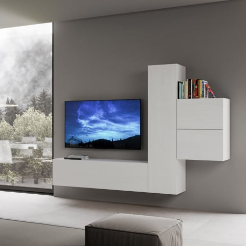 Parete attrezzata porta TV soggiorno 4 pensili legno bianco moderno A17 Promozione