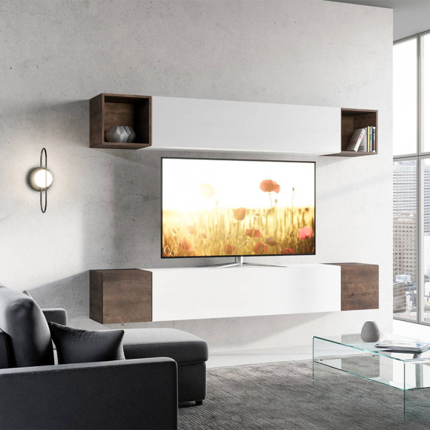 Parete attrezzata moderna sospesa soggiorno porta TV bianco legno A38