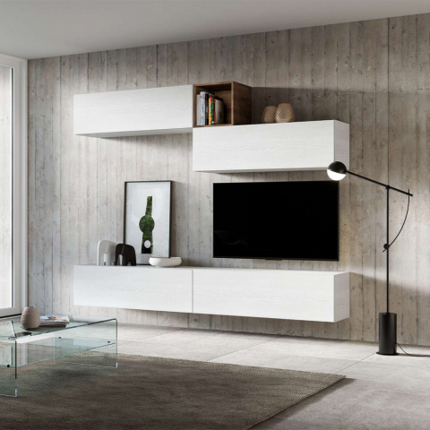 Parete attrezzata moderna porta TV soggiorno sospesa legno bianco A01 Promozione