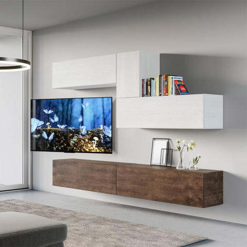 Parete attrezzata porta TV sospesa legno bianco moderna soggiorno A04 Promozione