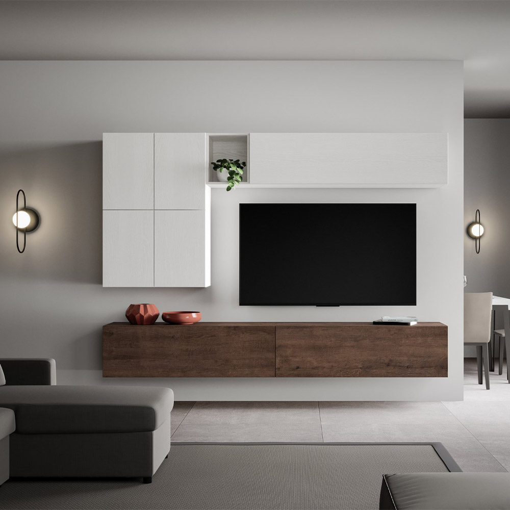 Parete attrezzata porta TV moderna soggiorno sospesa bianco legno A16