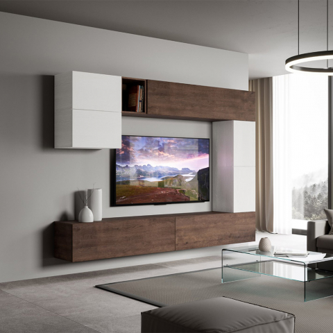 Parete attrezzata soggiorno porta TV moderna sospesa legno bianco A15 Promozione