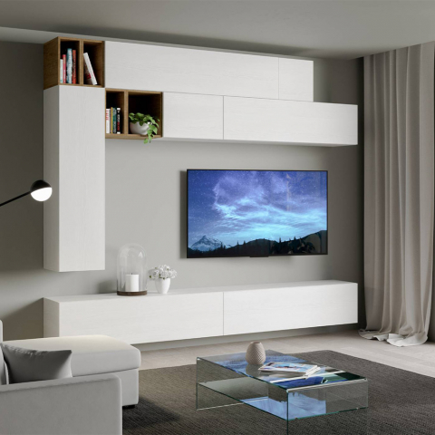 Parete attrezzata soggiorno moderna porta TV sospesa bianco legno A106