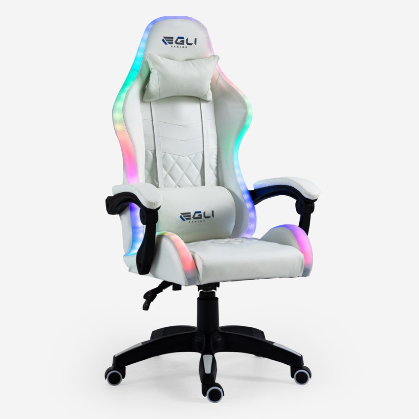 Pixy sedia gaming bianca poltrona LED reclinabile ergonomica cuscino