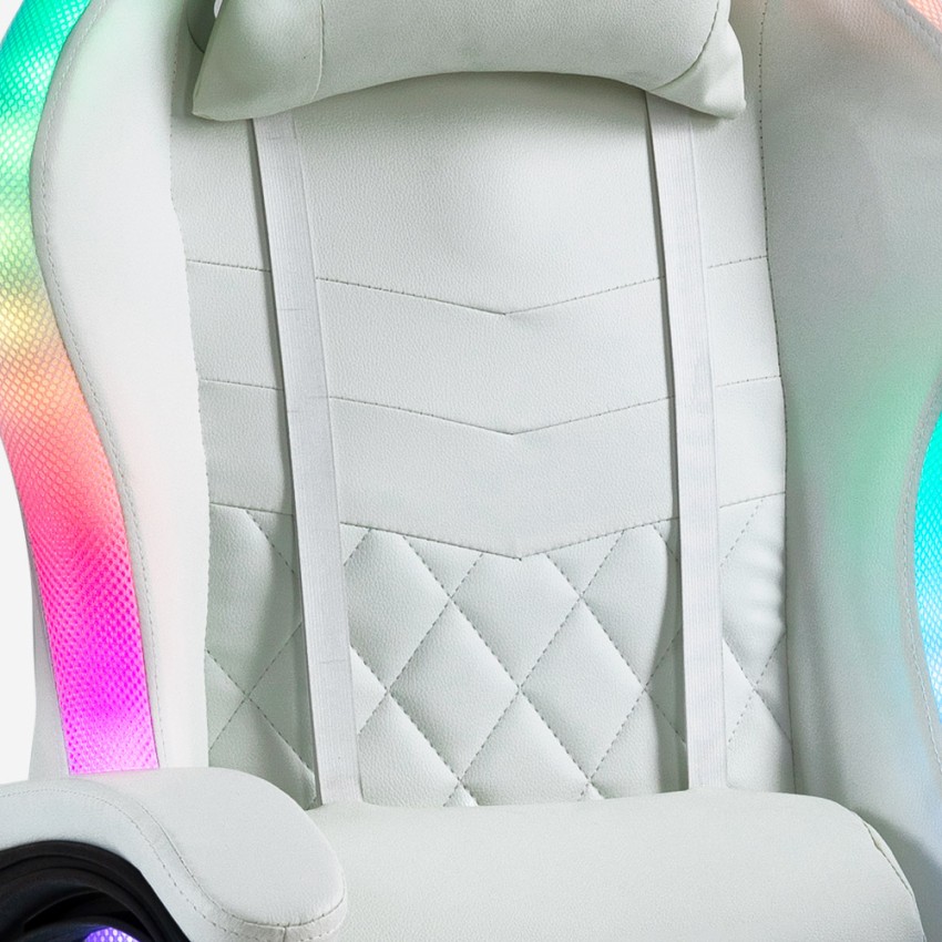Sedia gaming bianca poltrona LED reclinabile ergonomica cuscino